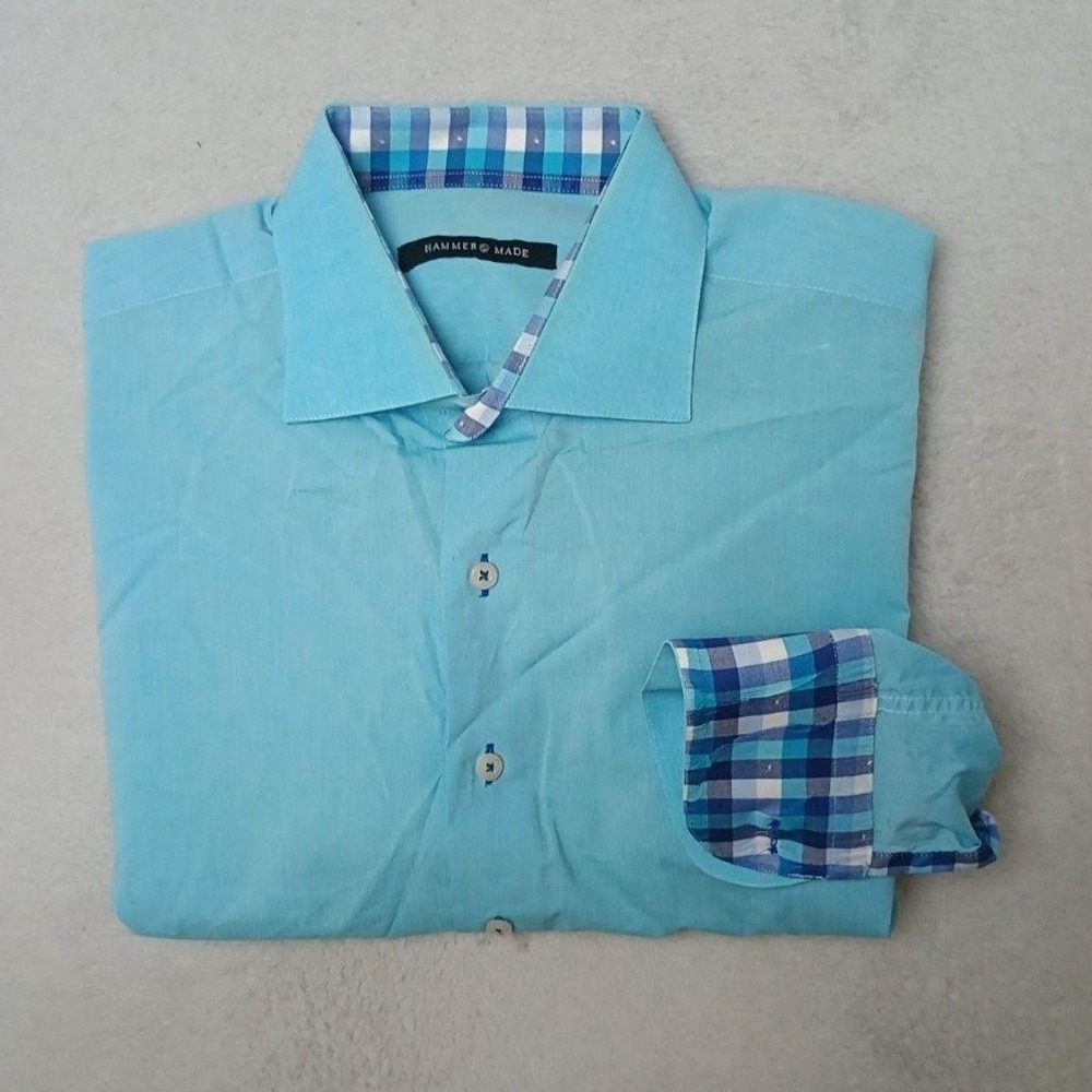 Hammer Made Shirt Mens L Blue Button-Up Long Sleeve Cotton Contrasting Trim